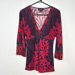 Hale Bob Red Purple Abstract Print V-Neck Top Women's M Boho Retro 70s Glam